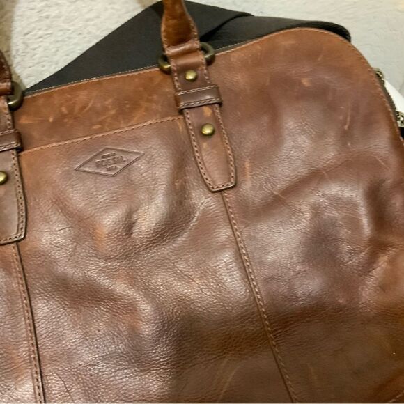 Fossil Briefcase Mens Brown Leather Bag Laptop Messenger - Picture 7 of 13